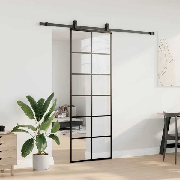 vidaXL Schuifdeur met beslagset 76x205 cm ESG glas zwart
