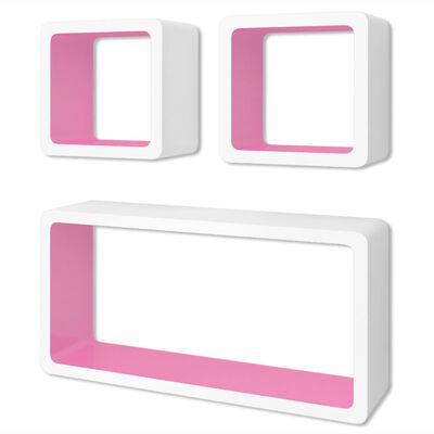 Wandplanken kubus MDF zwevend opbergruimte boeken/dvd 3 st wit-roze