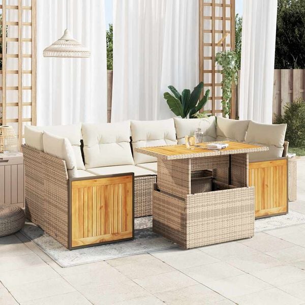 vidaXL 7-delige Loungeset met kussens poly rattan acacia beige