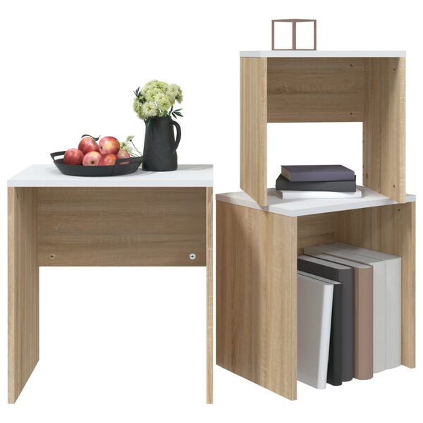 vidaXL 3-delige Tafeltjesset bewerkt hout wit en sonoma eikenkleurig