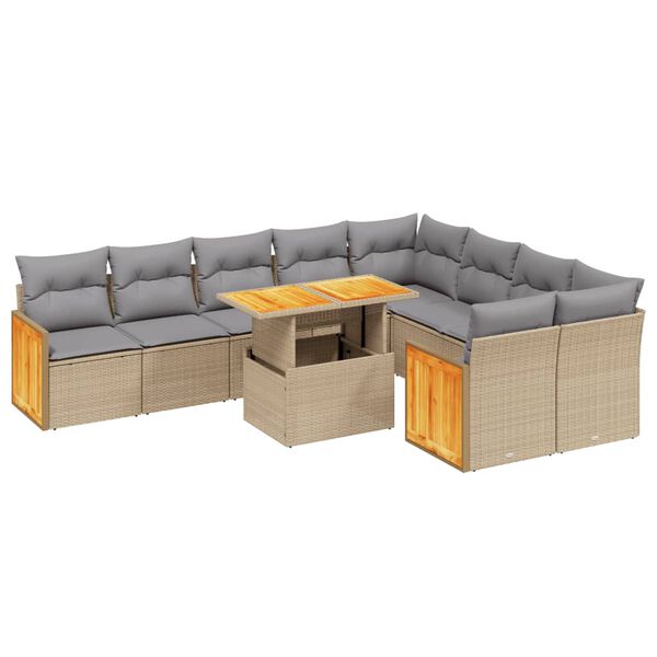 vidaXL 10-delige Loungeset met kussens poly rattan beige