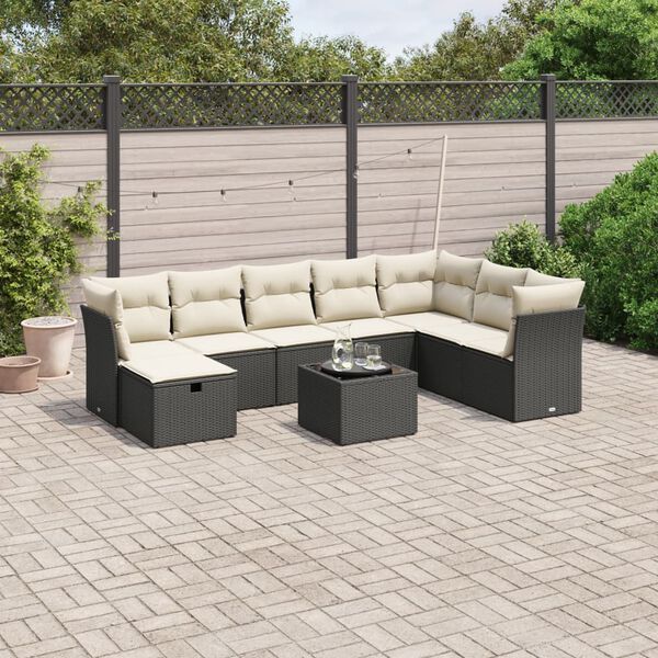 vidaXL 9-delige Loungeset met kussens poly rattan zwart