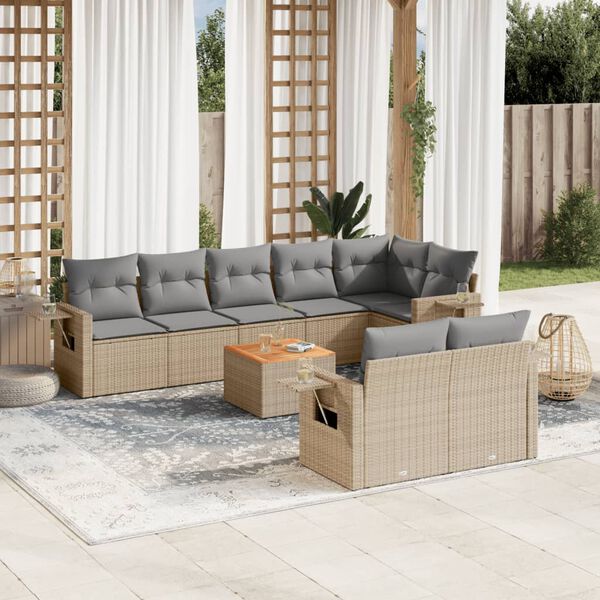 vidaXL 9-delige Loungeset met kussens poly rattan beige
