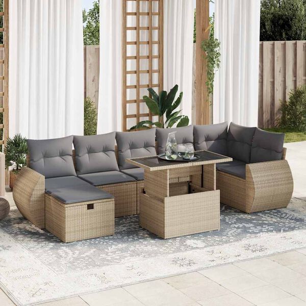 vidaXL 8-delige Loungeset met kussens poly rattan beige