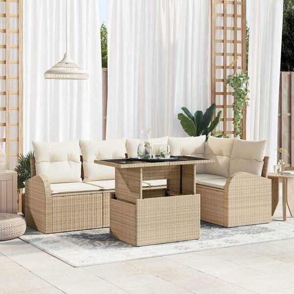 vidaXL Tuin Sofa Set met kussen met opslag 6 pcs Beige Poly riet