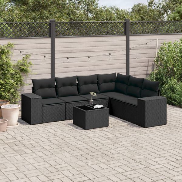 vidaXL 7-delige Loungeset met kussens poly rattan zwart