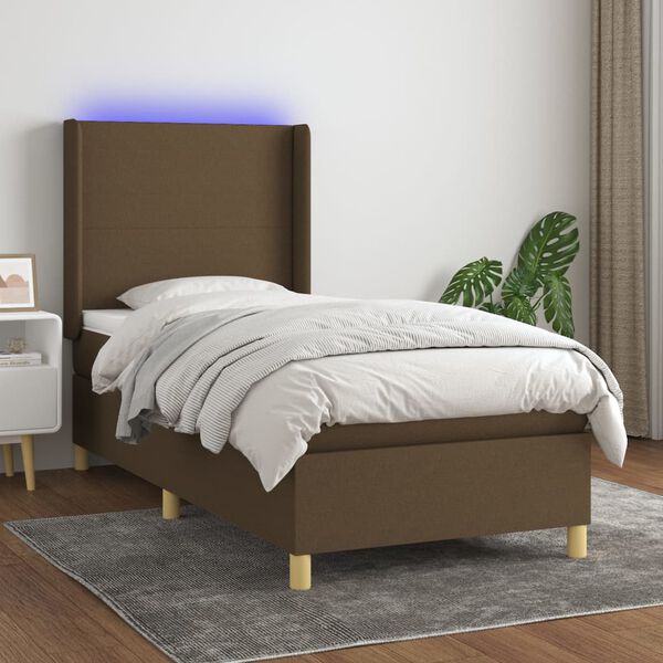 vidaXL Boxspring met matras en LED stof donkerbruin 90x190 cm