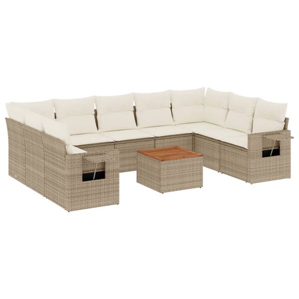 vidaXL 10-delige Loungeset met kussens poly rattan beige