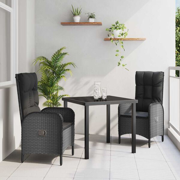 vidaXL Tuin eettafelset met kussen 3 pcs Zwart poly rattan