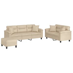 vidaXL 3-delige Loungeset met kussens microvezelstof cr&egrave;mekleurig