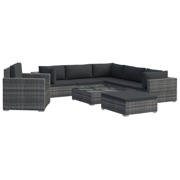 vidaXL 8-delige Loungeset met kussens poly rattan grijs