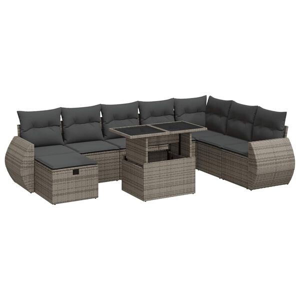 vidaXL 9-delige Loungeset met kussens poly rattan grijs