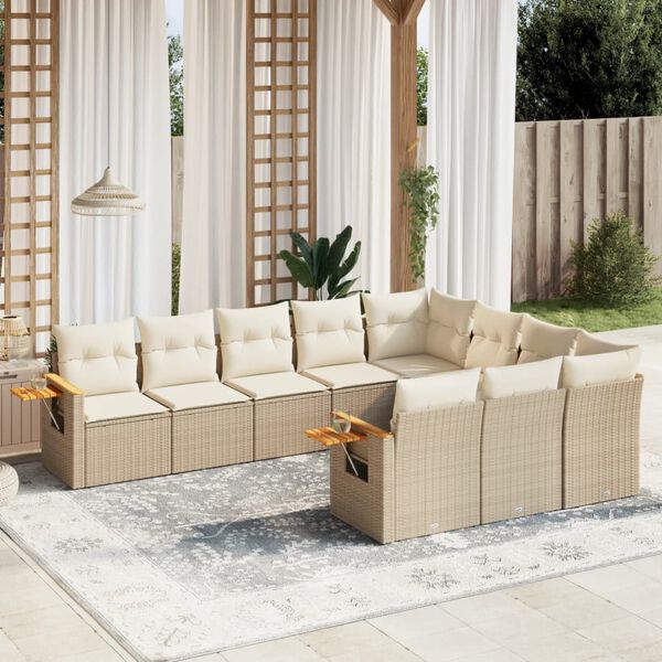 vidaXL 10-delige Loungeset met kussens poly rattan beige