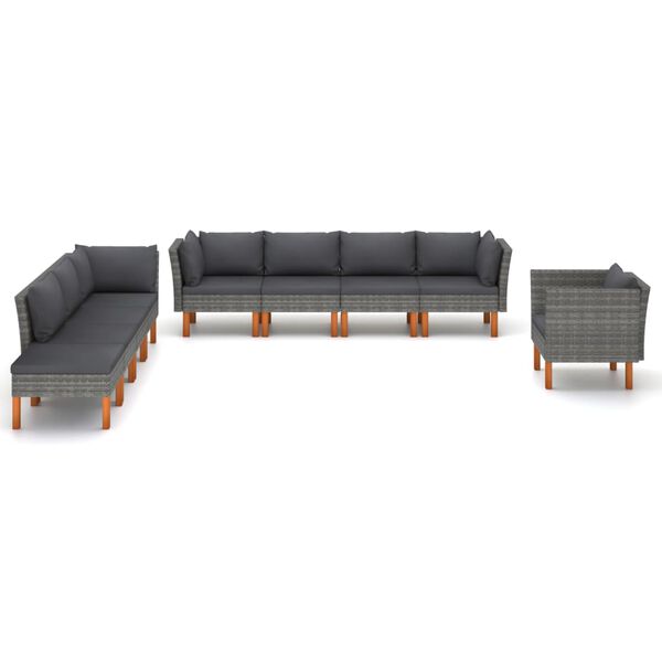 vidaXL 9-delige Loungeset poly rattan en eucalyptushout grijs