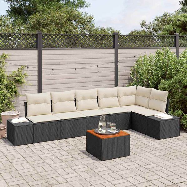 vidaXL Tuinbankenset met kussen 7 pcs Zwart poly rattan