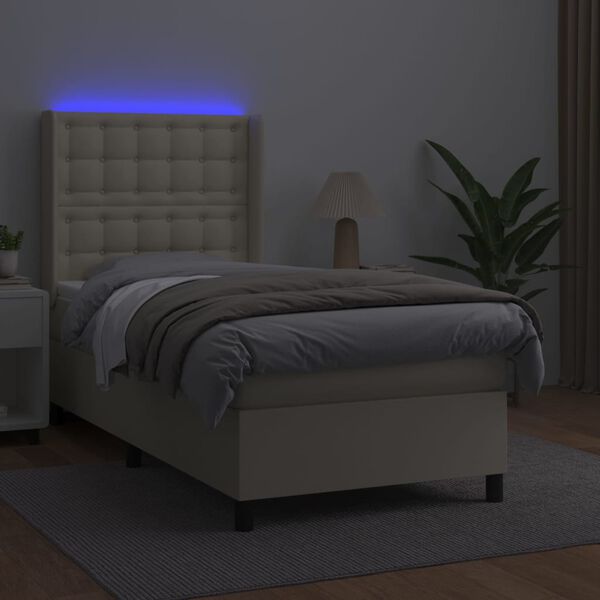 vidaXL Boxspring met matras en LED kunstleer cr&egrave;mekleurig 90x200 cm