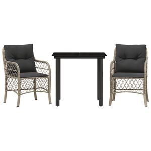 vidaXL 3-delige Bistroset met kussens poly rattan lichtgrijs