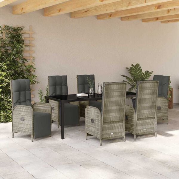 vidaXL Tuin eettafelset met kussen 7 pcs Grijs poly rattan