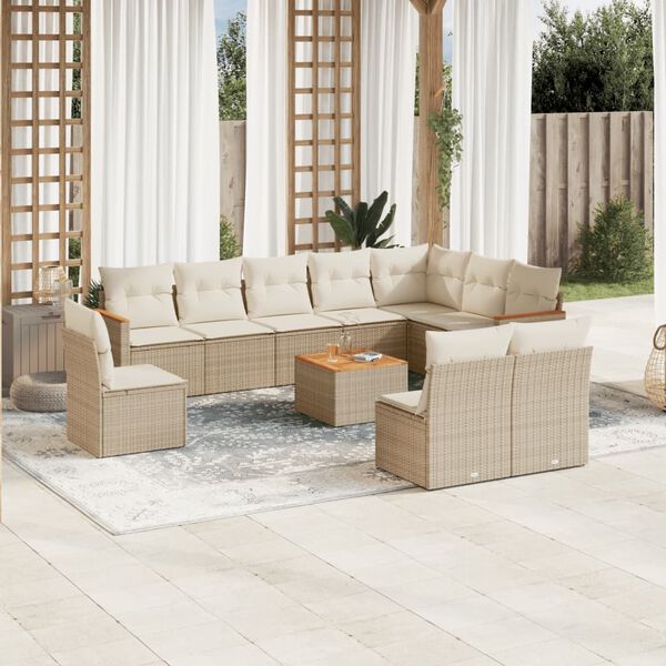 vidaXL 11-delige Tuinset met kussens poly rattan beige