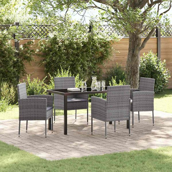 vidaXL Tuin eettafelset met kussen 5 pcs Grijs poly rattan
