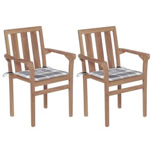 vidaXL Tuinstoelen 2 st met grijs geruite kussens massief teakhout