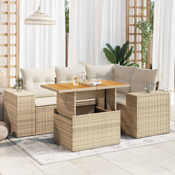 vidaXL 5-delige Loungeset met kussens poly rattan beige