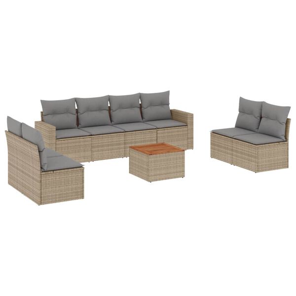 vidaXL 9-delige Loungeset met kussens poly rattan beige
