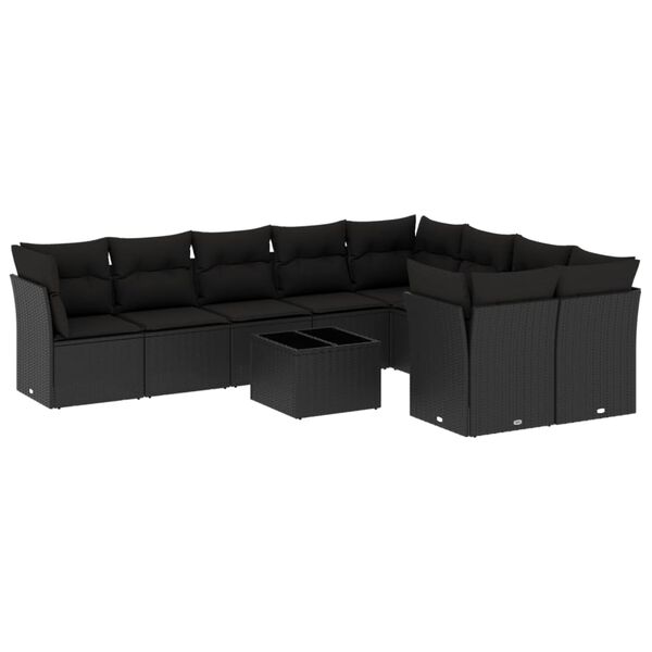 vidaXL 10-delige Loungeset met kussens poly rattan zwart