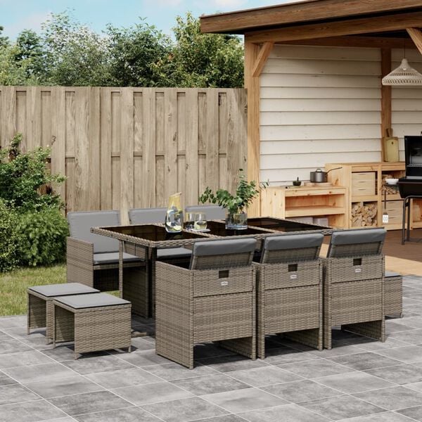 vidaXL 11-delige Tuinset met kussens poly rattan grijs