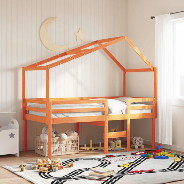 vidaXL Hoogslaper met dak massief grenenhout wasbruin 90x200 cm