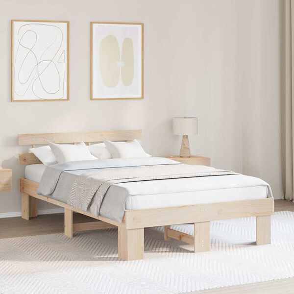 vidaXL Bedframe met hoofdeinde Naturel 135 x 190 cm Massief grenenhout