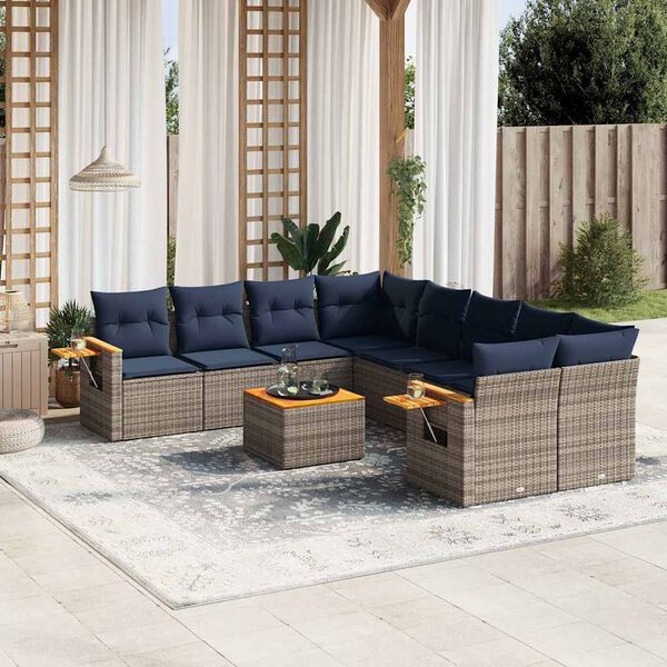 vidaXL 9-delige Loungeset met kussens poly rattan grijs
