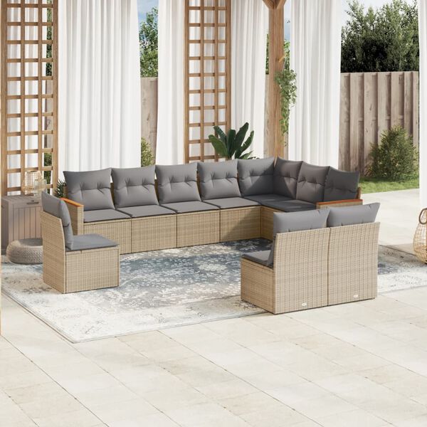 vidaXL 10-delige Loungeset met kussens poly rattan gemengd beige
