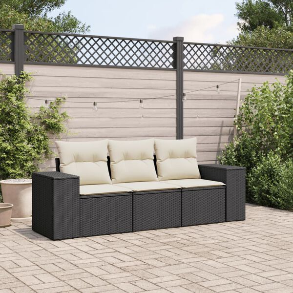 vidaXL 3-delige Loungeset met kussens poly rattan zwart