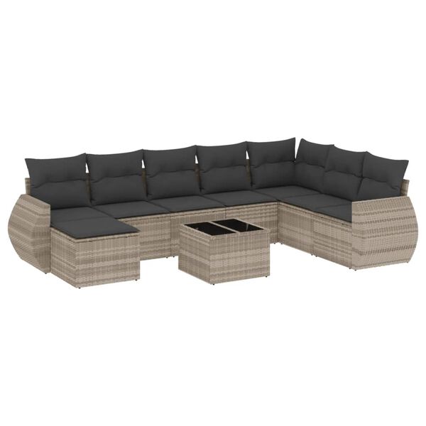vidaXL 9-delige Loungeset met kussens poly rattan lichtgrijs
