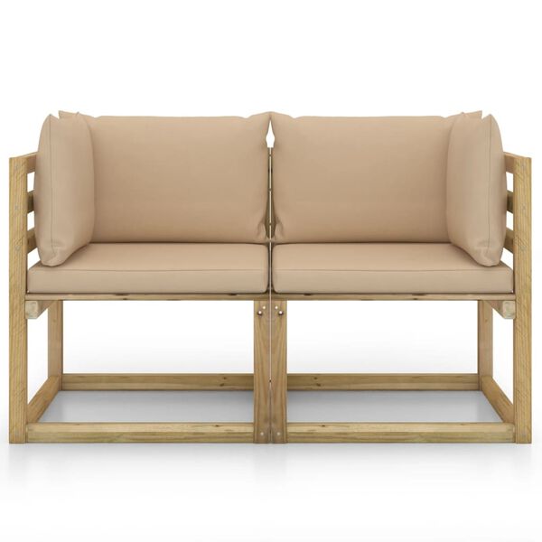 vidaXL Tuinhoekbanken 2 st met kussens groen ge&iuml;mpregneerd grenenhout