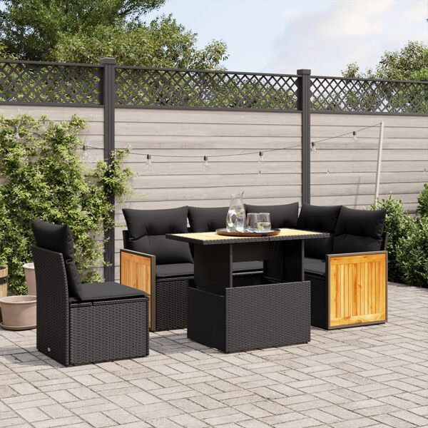 vidaXL 6-delige Loungeset met kussens poly rattan zwart