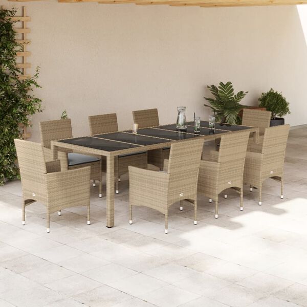 vidaXL 9-delige Tuinset met kussens poly rattan en glas beige