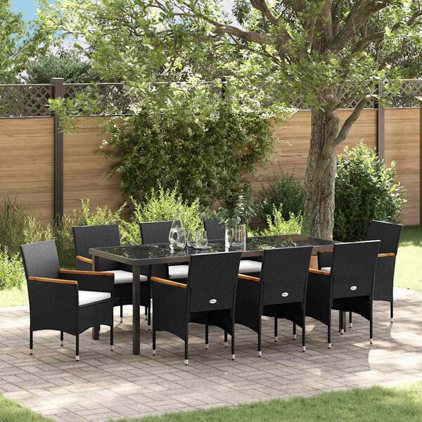 vidaXL Tuin eettafelset met kussen 9 pcs Zwart poly rattan