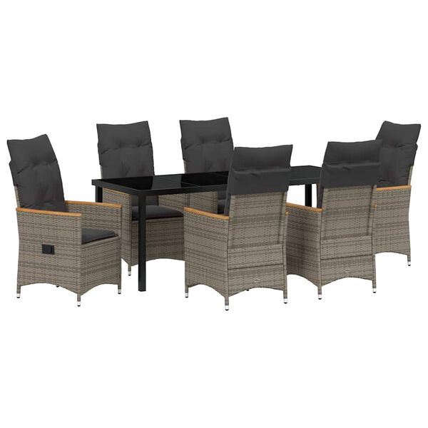 vidaXL Tuin eettafelset met kussen 7 pcs Grijs poly rattan