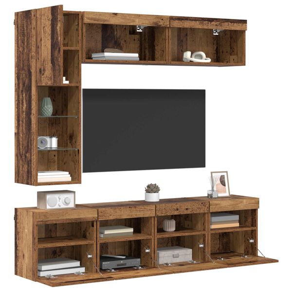 vidaXL TV-kast met LED Wandgemonteerd 7 pcs Oudhout Bewerkt hout
