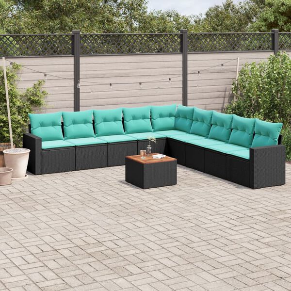 vidaXL 10-delige Loungeset met kussens poly rattan zwart