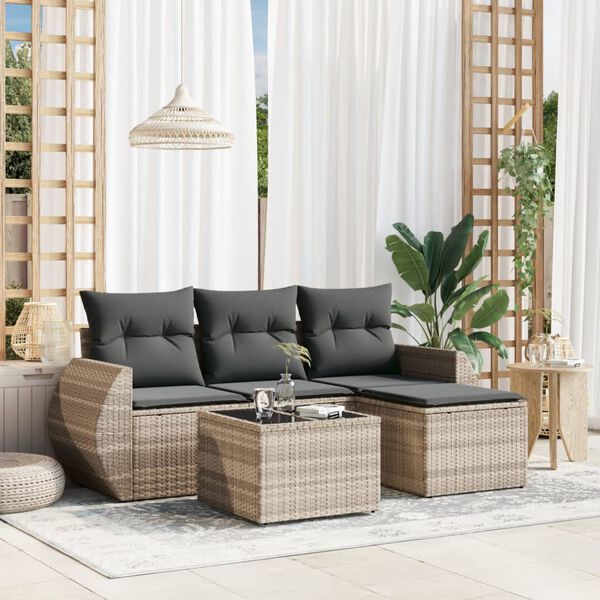 vidaXL 5-delige Loungeset met kussens poly rattan lichtgrijs
