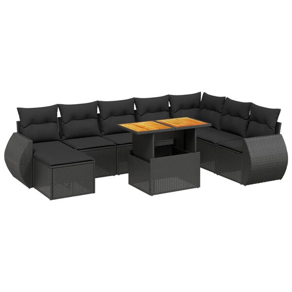 vidaXL 9-delige Loungeset met kussens poly rattan zwart