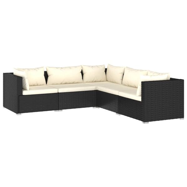 vidaXL 5-delige Loungeset met kussens poly rattan zwart