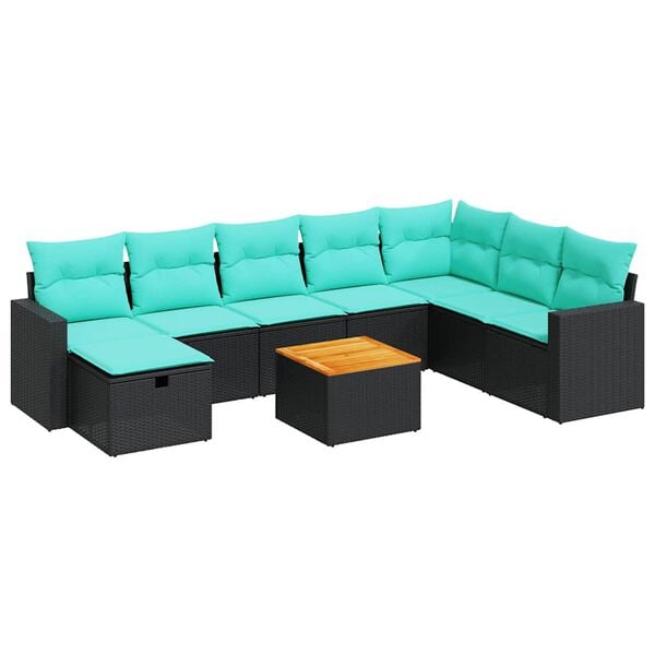 vidaXL 9-delige Loungeset met kussens poly rattan zwart