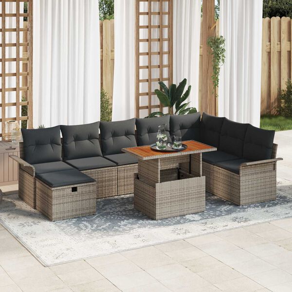 vidaXL Tuinbankenset met kussen met opslag 9 pcs Grijs poly rattan