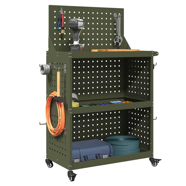 vidaXL Gereedschapswagen met plank Olijf Groen 65 x 35 x 111 cm