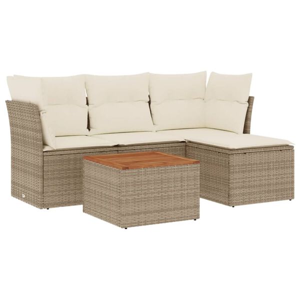 vidaXL 5-delige Loungeset met kussens poly rattan beige