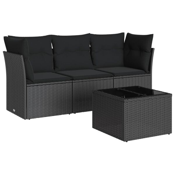 vidaXL 4-delige Loungeset met kussens poly rattan zwart